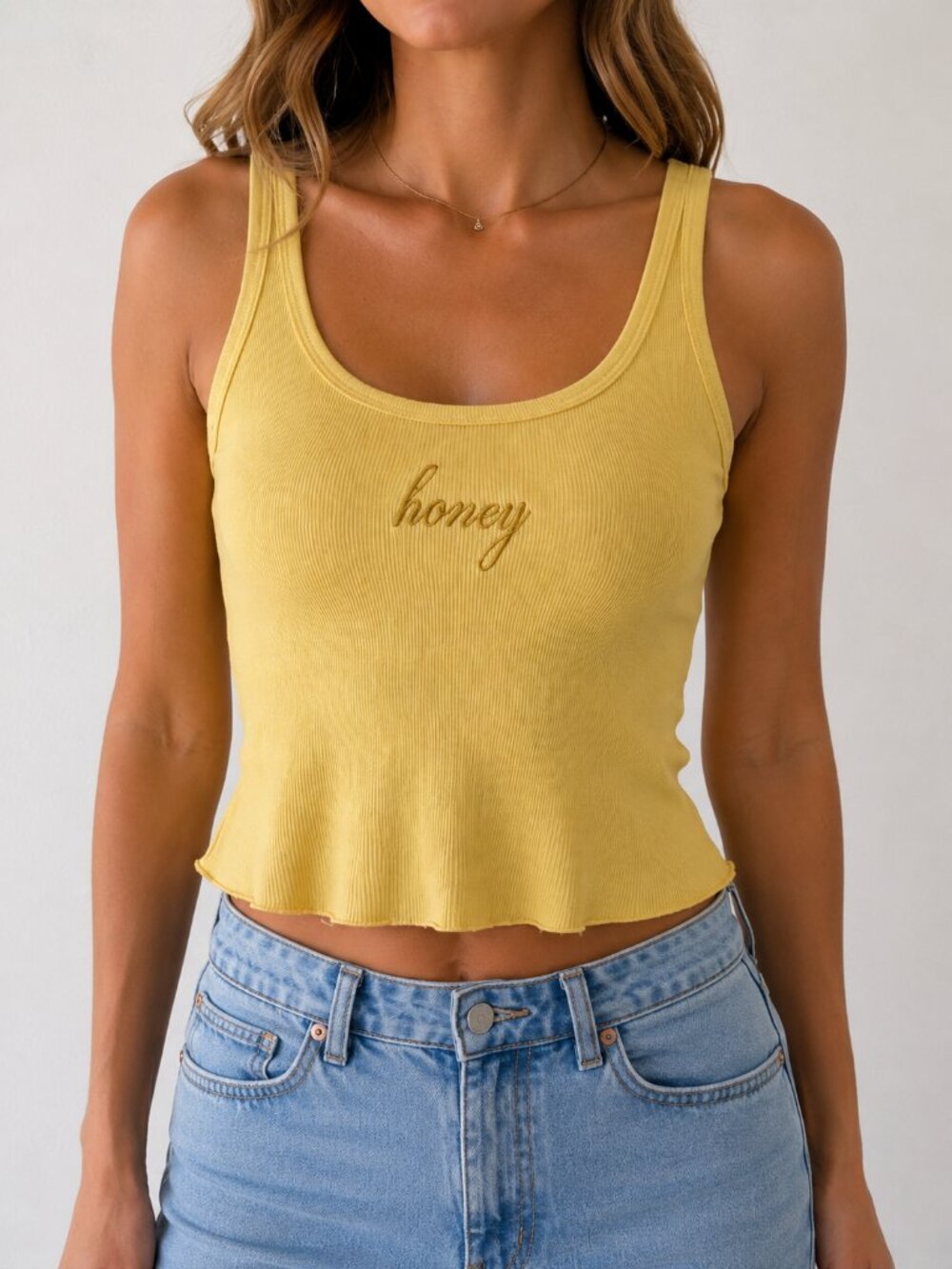 Brandy Melville Honey Ribbed Yellow Tank Top One Size Fitted Graphic Basic